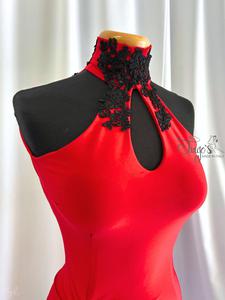 Abito Michi in jersey rosso con applicazioni in pizzo nero