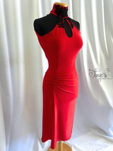 Abito Michi in jersey rosso con applicazioni in pizzo nero