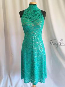 Abito Milena svasato in pizzo color tiffany e oro