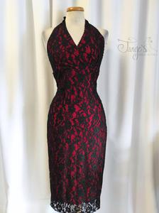 Dress Olga in black lace with red linen