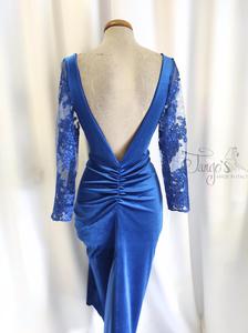 Dress Roby in velvet, crepe and embroidery lace, blu royal