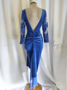 Dress Roby in velvet, crepe and embroidery lace, blu royal