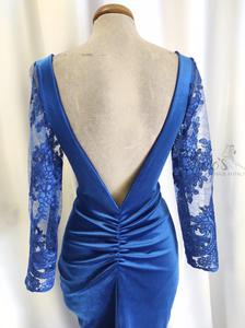 Dress Roby in velvet, crepe and embroidery lace, blu royal