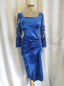 Dress Roby in velvet, crepe and embroidery lace, blu royal