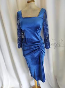 Dress Roby in velvet, crepe and embroidery lace, blu royal