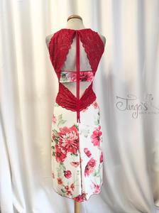Dress Rosaria with simple pencil skirt, white with red roses