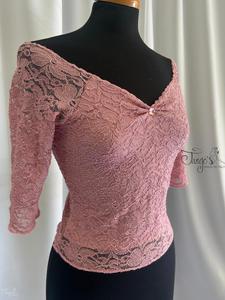 Completo top Annalisa in pizzo rosa antico e gonna Orfea cipria