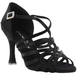 Dancing shoes in black satin with crossed ribbon tie, heel 8 cm