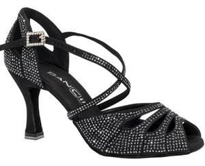 Dancing shoes in black satin open toed heel 7,5 cm