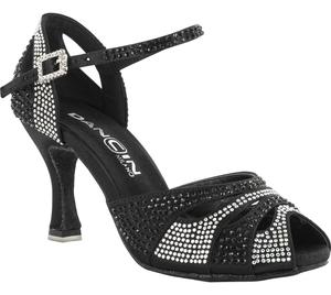 Dancing shoes open pointy in black satin with upper, strap and buckle covered with crystal strass heel 7,5 cm
