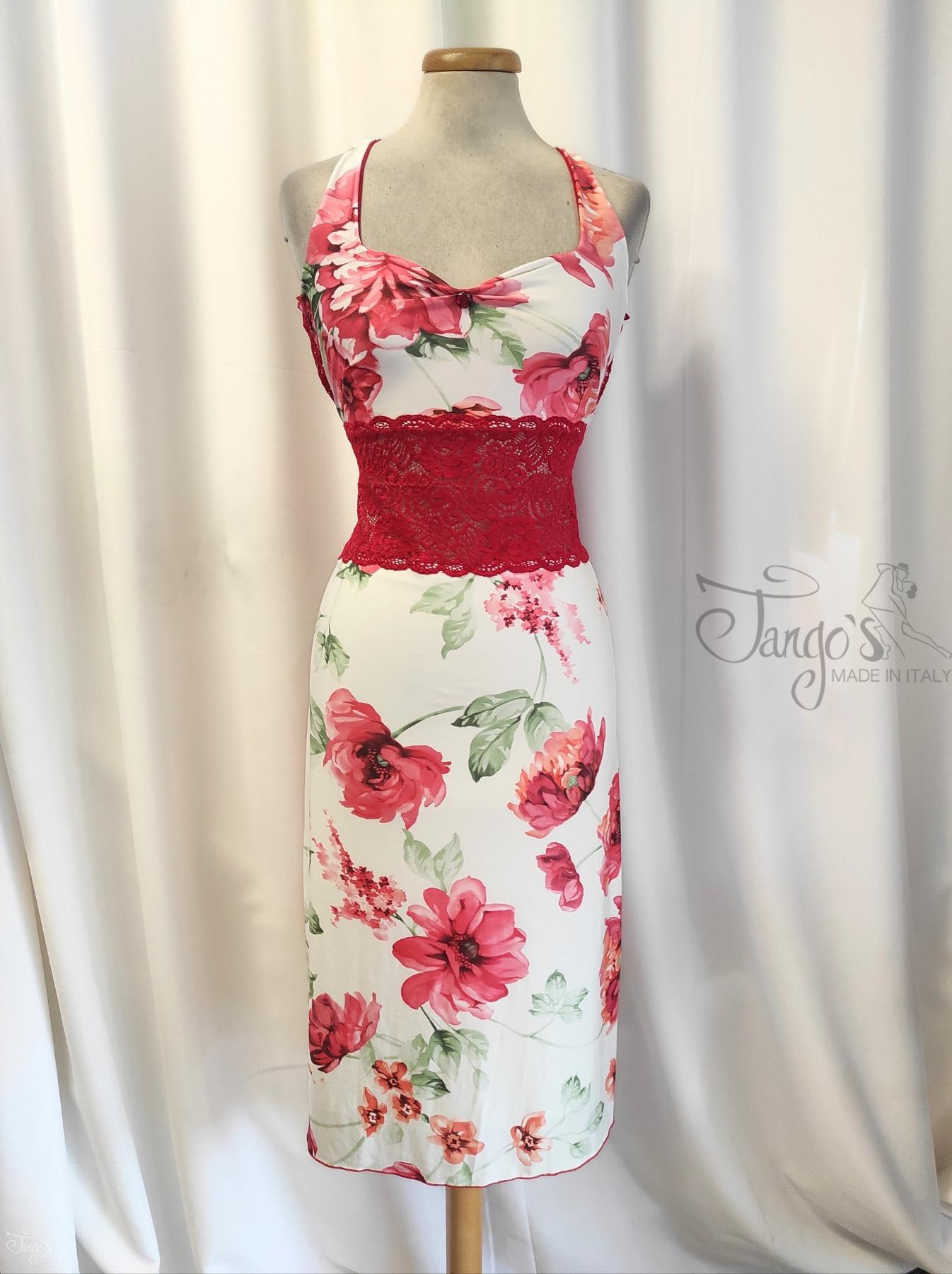 Dress Rosaria with simple pencil skirt white with red roses